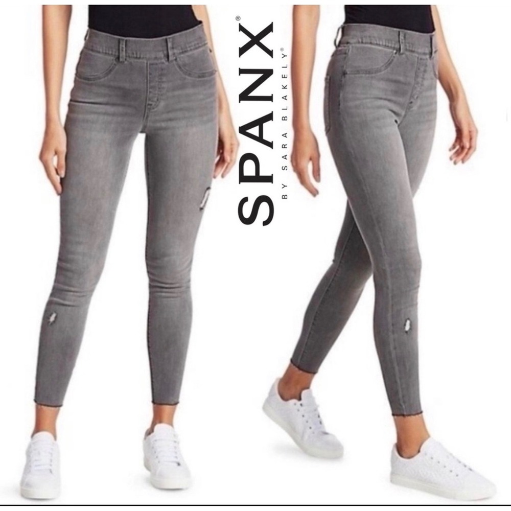 SPANX Vintage Distressed Skinny Jeans XL Gray Women Pull On Raw Hem Shaping